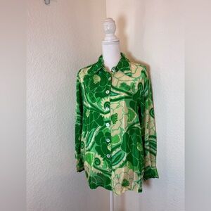Farm Rio Women’s M Green Cream Tropical Groove Long Sleeve Viscose‎ Blouse